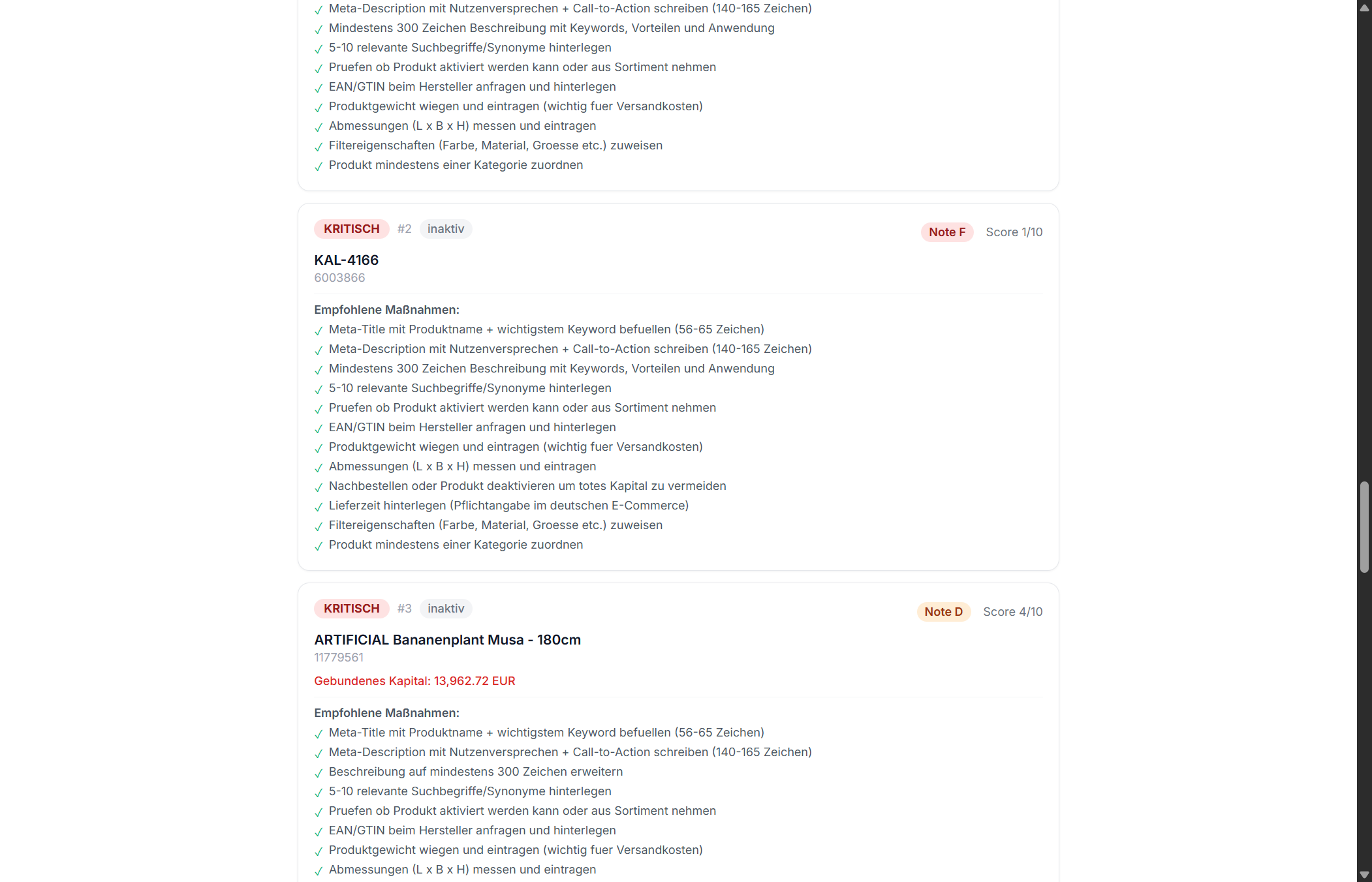 Detail-Ansicht der Handlungsempfehlungen mit Score und Maßnahmen pro Produkt